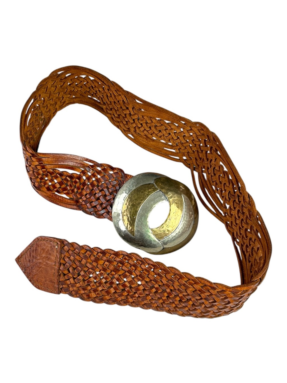 VTG 90s CHICO'S Woven Leather Belt with 
Hammered Mixed Metal Belt Buckle